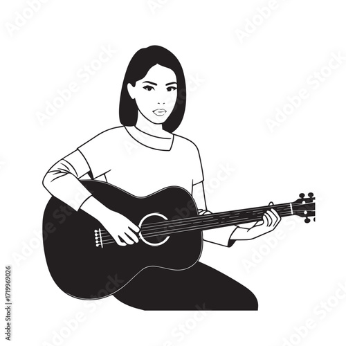 Black and white line art of a cool woman playing guitar in casual outfit minimalist stylish illustration