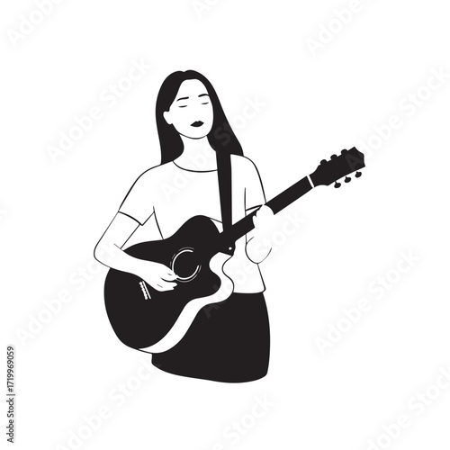 Black and white line art of a cool woman playing guitar in casual outfit minimalist stylish illustration
