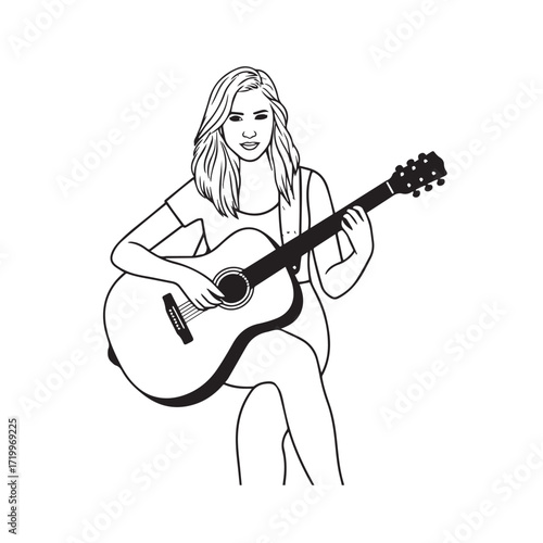 Black and white line art of a cool woman playing guitar in casual outfit minimalist stylish illustration