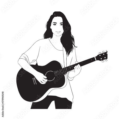 Black and white line art of a cool woman playing guitar in casual outfit minimalist stylish illustration
