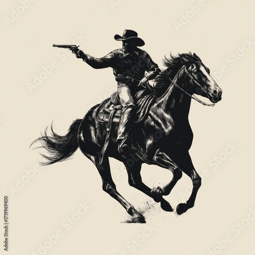 Cowboy shootin' gun horseback riding illustration sepia-tone western art