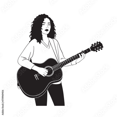Black and white line art of a cool woman playing guitar in casual outfit minimalist stylish illustration
