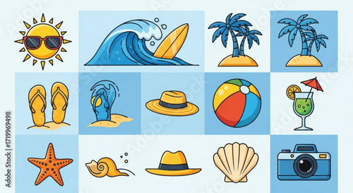 A vibrant vector illustration showcasing various summer beach elements, including a sun, wave, surfboard, palm trees, and other beachrelated icons