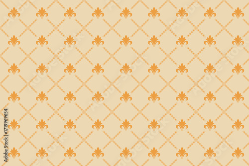 Subtle geometric pattern with small orange leaf motifs on a light beige background