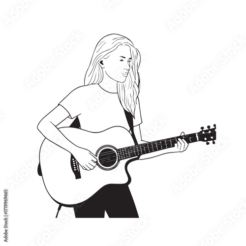 Black and white line art of a cool woman playing guitar in casual outfit minimalist stylish illustration