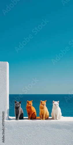 Vier gelassene Katzen beobachten das tiefblaue Meer an einem sonnigen Tag