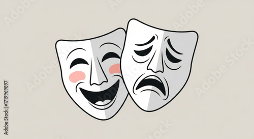 A pair of theatrical masks, one happy and one sad, , representing the duality of emotions and the art of acting