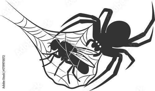 Spider catches fly in a web vector silhouette illustration