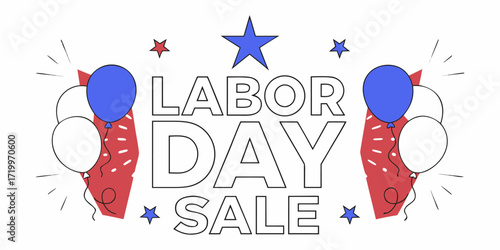 Create a vibrant Labor Day Sale banner. Use a bold red background with starburst or radial light effects. Include the text 'LABOR DAY SALE' in large, bold white letters at the center. Surround the tex