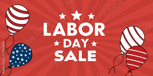 Create a vibrant Labor Day Sale banner. Use a bold red background with starburst or radial light effects. Include the text 'LABOR DAY SALE' in large, bold white letters at the center. Surround the tex