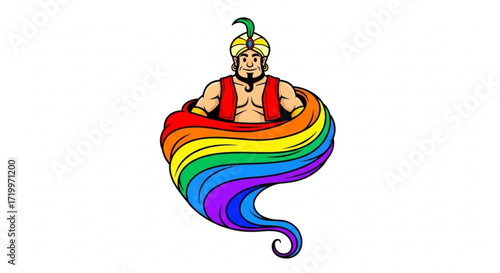 A colorful genie emerges from a rainbow cloud, the genie is muscular and wears a turban, vest, and bracelets