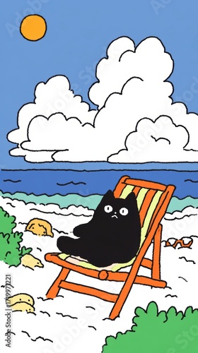 Cartoon Katze Relaxing Strandliegestuhl Sonne Wolken Meer Sommer Szene