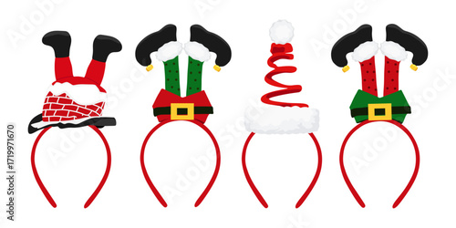 Christmas headbands. Headdress for party, festival, carnival, holiday. Funny Christmas hats. Santa and elf legs.