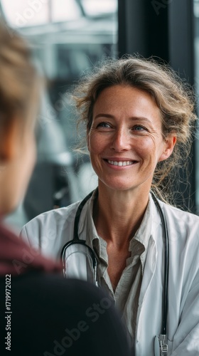 ?rztin ber?t Patientin vertrauensvoll L?cheln Gespr?ch im hellen Raum