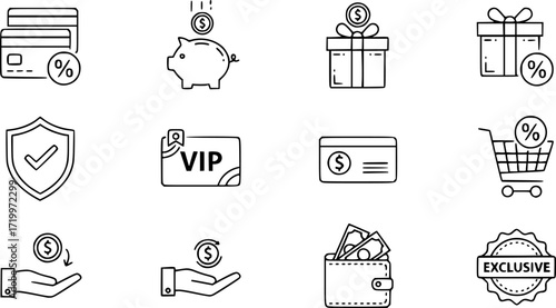 Exclusive cashback thin line icons set.