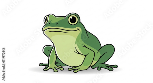 Illustration of a green frog, with big eyes, a cute expression, and a friendly demeanor, perfect for childrens books