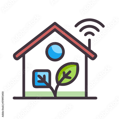 Illustration of a smart house with eco-friendly elements in a colorful style and white background 
