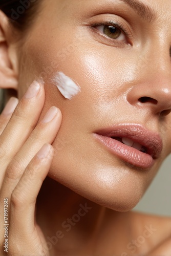 Frau tr?gt Creme auf Gesicht auf - Hautpflege Behandlung, Beauty-Konzept