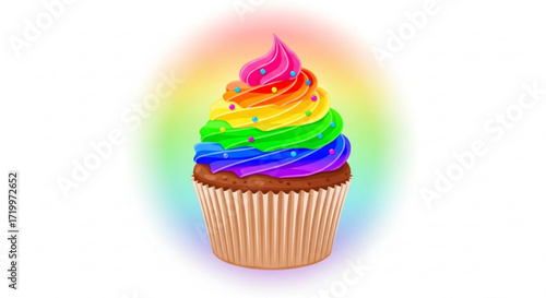 Colorful rainbow cupcake with sprinkles, perfect for pride celebrations, baking themes, and sweet treat designs