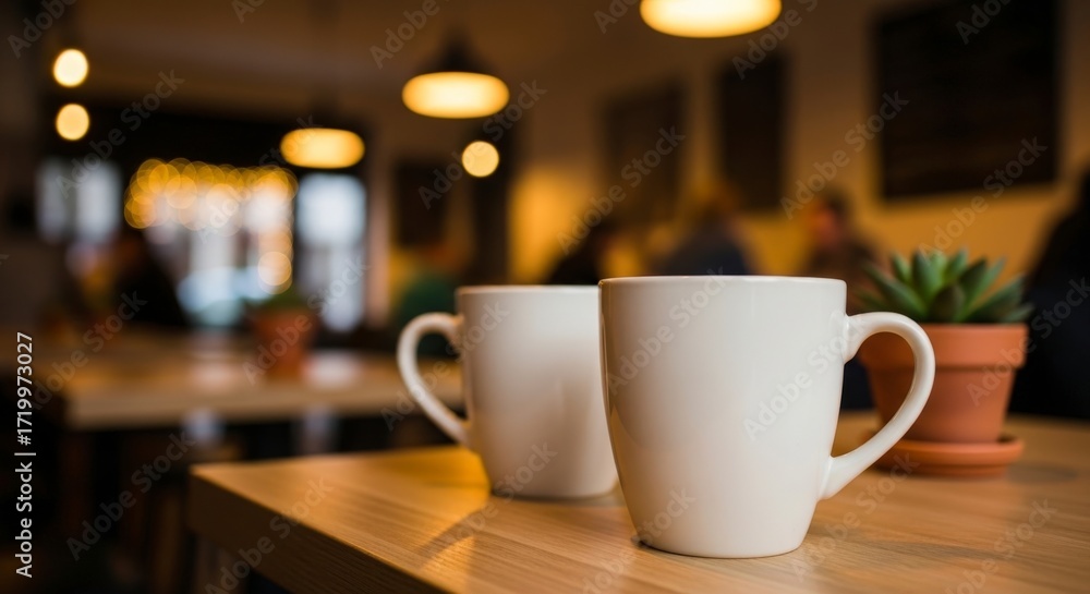 Fototapeta premium Two white ceramic mugs sit on a wooden table in a cozy cafe with soft lighting and blurred background patrons.