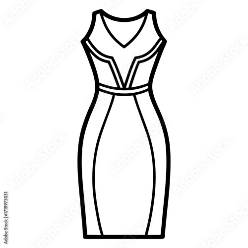Elegant Simple Sheath Dress Fashion Outline Vector Drawing Isolated on White