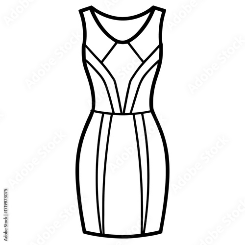 Elegant Simple Sheath Dress Fashion Outline Vector Drawing Isolated on White