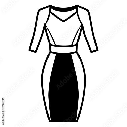 Elegant Simple Sheath Dress Fashion Outline Vector Drawing Isolated on White