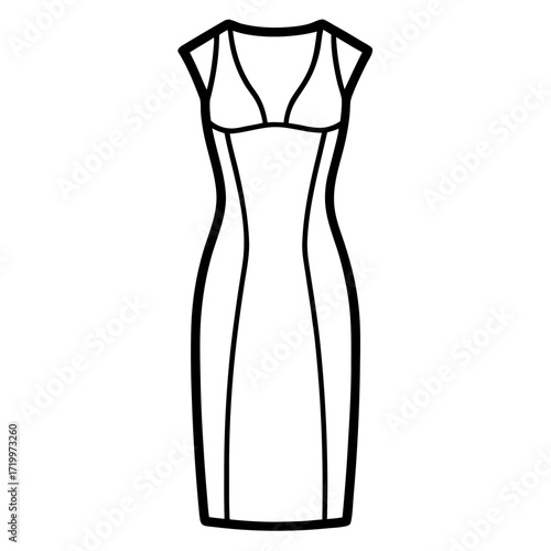 Elegant Simple Sheath Dress Fashion Outline Vector Drawing Isolated on White