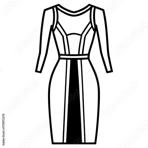 Elegant Simple Sheath Dress Fashion Outline Vector Drawing Isolated on White