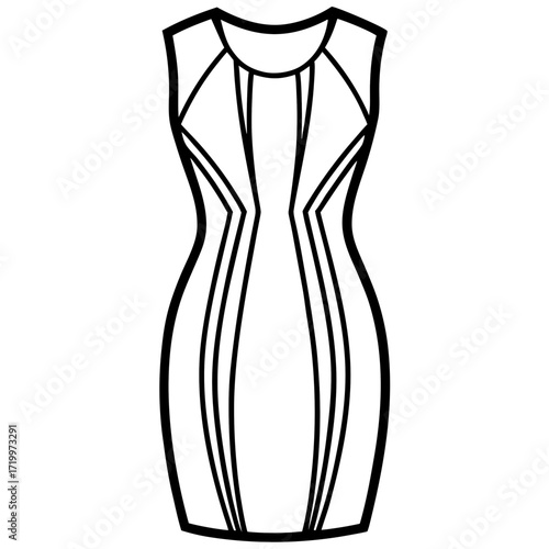 Elegant Simple Sheath Dress Fashion Outline Vector Drawing Isolated on White