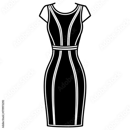 Elegant Simple Sheath Dress Fashion Outline Vector Drawing Isolated on White