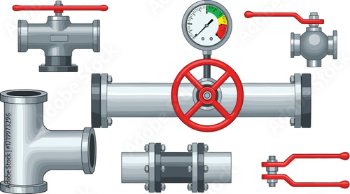 Set of detailed industrial pipeline elements including pipes, valves, and a pressure gauge. Vector illustration of plumbing and gas fittings