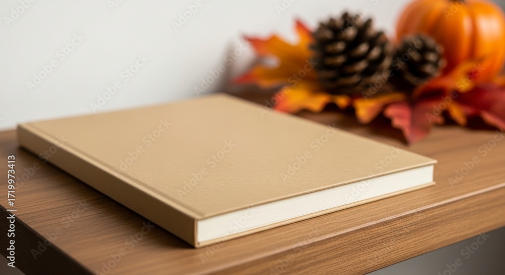 Fototapeta premium A closed tan book rests on a wooden surface with autumn decorations including a pumpkin and pinecones in the background.