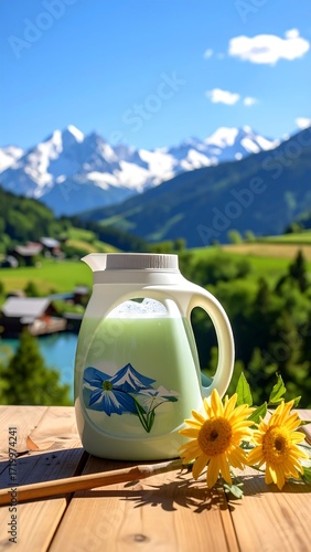 Outdoor scene with a pitcher of drink and flowers