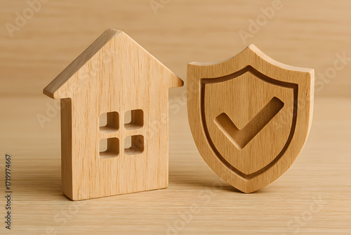 A small wooden house stands next to a shield with a checkmark symbol.