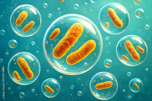 An illustration of orange bacteria or microorganisms inside transparent bubbles.