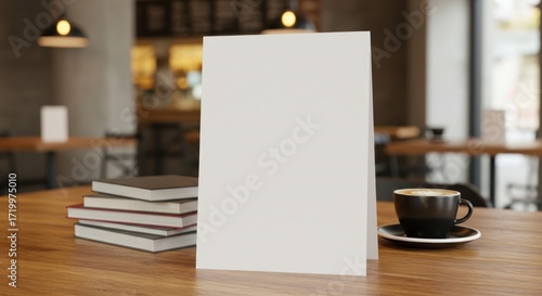 Wallpaper Mural A blank white card stands on a wooden table with coffee and books in a cafe setting. Torontodigital.ca