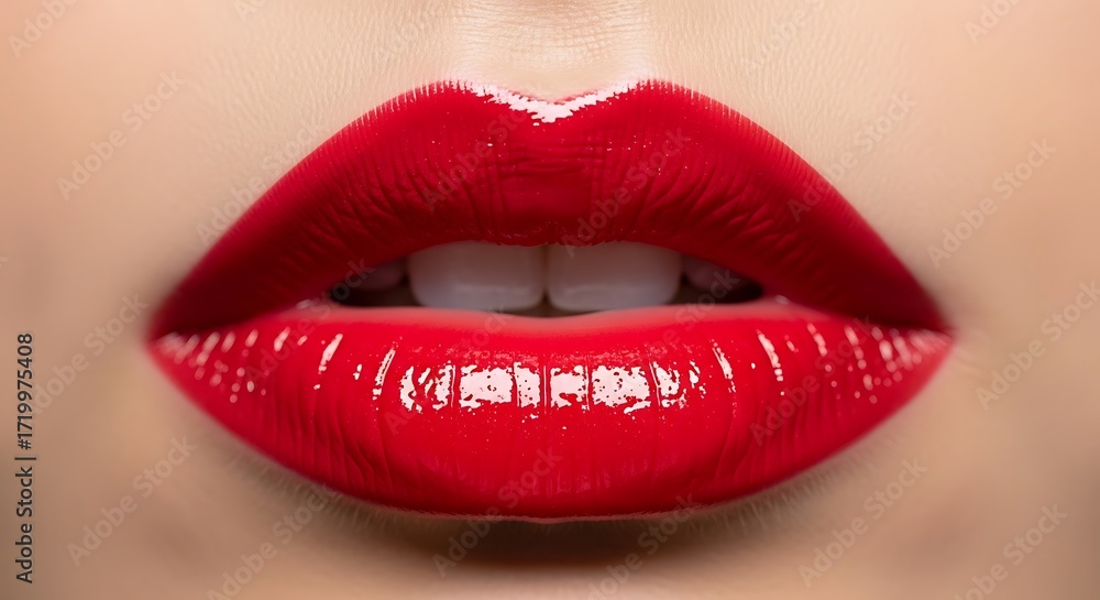 Obraz premium Close-up of seductive luscious lips adorned with bright red glossy lipstick demonstrating beauty trends and