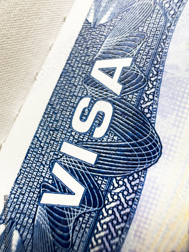 US visa, Visa in passport, fee for US visa, tour of the USA, airport, customs, checkpoint, illegal immigrants, closed borders, nationality. Macro photo. High quality photo