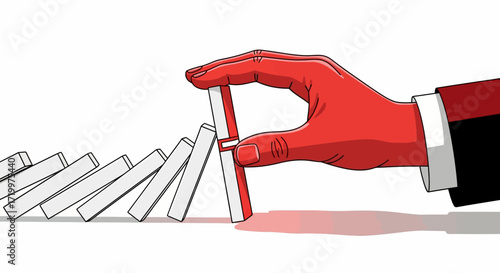 Hand stopping domino effect, symbolizing intervention and risk management business strategy