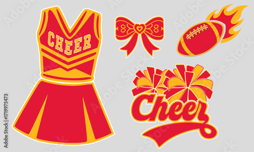 Red and Gold Kansas City Cheerleading vector items. Cheerleader Uniform, Pom-Poms, Bow, and American Football illustration.