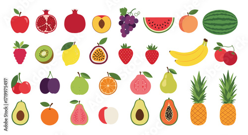 A vibrant pixel art collection of various fresh and healthy fruits for your design needs.
