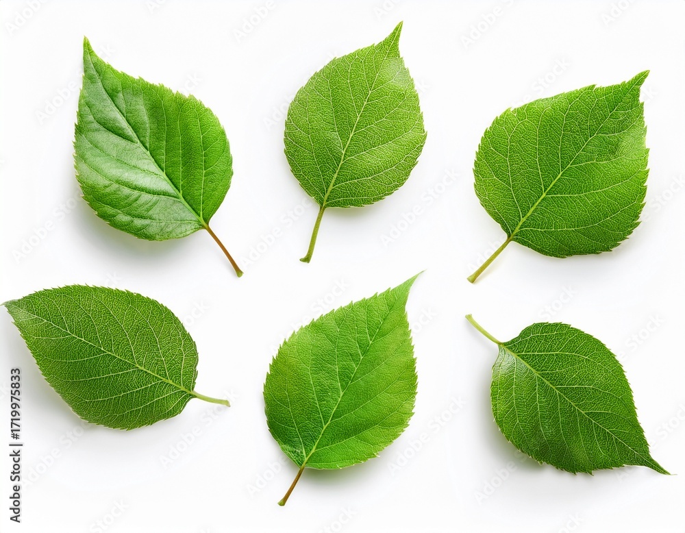 Obraz premium six fresh green leaves isolated on white background