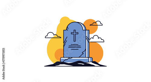 A solemn stone monument stands against a backdrop of abstract shapes and wispy clouds.