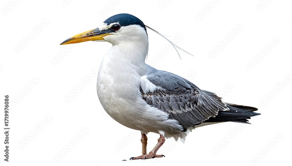Obraz premium Side view of a bird with a gray and white body, dark head, and a long beak