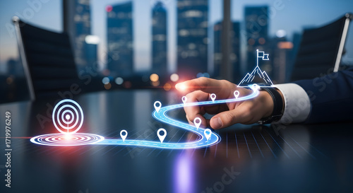 Strategic Business Journey:  Interactive Roadmap to Success,  Modern Wallpaper,  Blue Glowing Path,  Goal Achievement Concept.