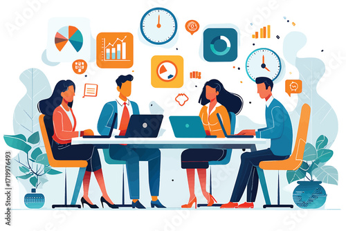 Vector illustration of a business team working on data analysis and strategy