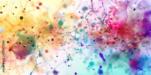 Abstract colorful background with neural network elements and fluid splashes creating a futuristic and dynamic digital concept.