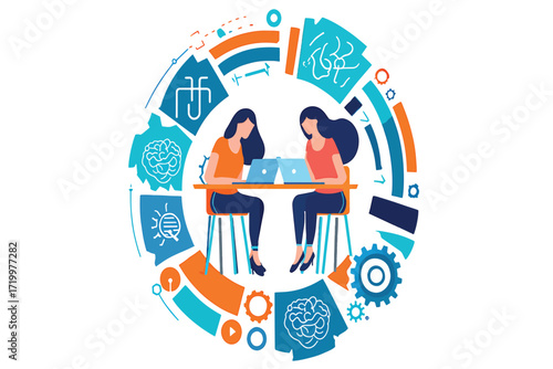 Collaborative Innovation Women Working Together in Technology Vector Graphic