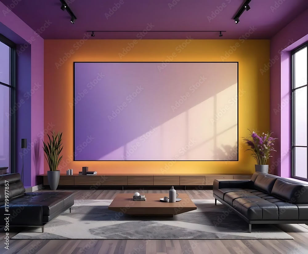 Fototapeta premium Vibrant Modern Living Room with Gradient Walls and Blank Canvas